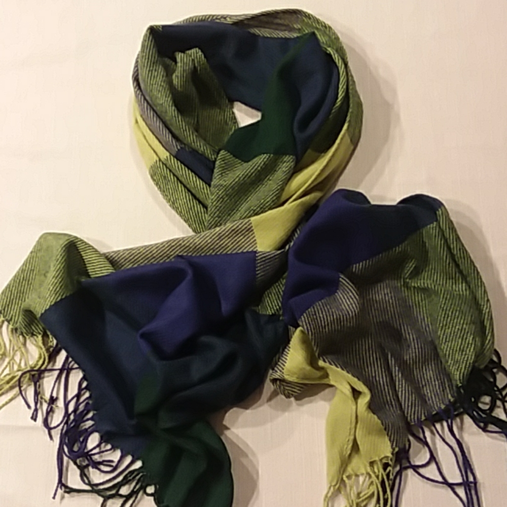 Green and blue fringed scarf